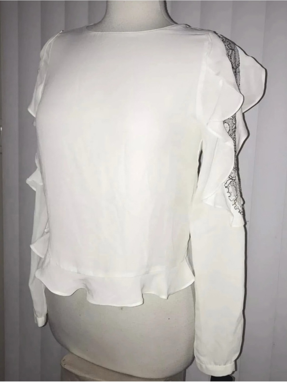 NWT Zara White Sheer w/ Black Floral Lace Ruffle Long Sleeve Blouse XS